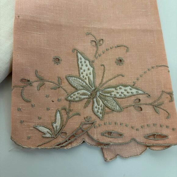 Embroidered Linen Tea Towels Peach Cream Scalloped Edges Butterfly Vintage Set 2 - Picture 2 of 7